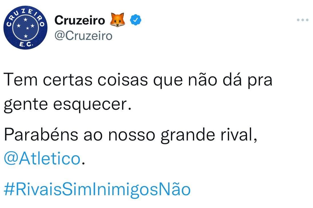 Às 6h01, Cruzeiro parabeniza rival Atlético pelos 114 anos - O Tempo